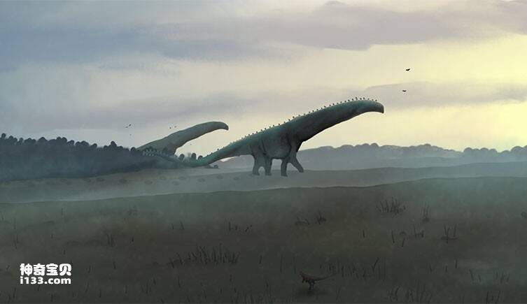 两只Patagotitan恐龙穿过开阔的风景